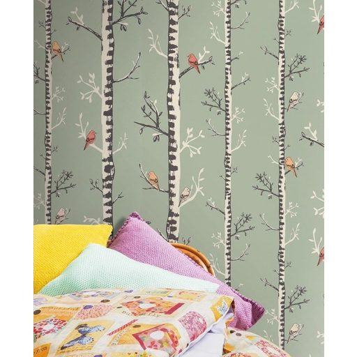 Nyírfaerdő visszhangozza a kakukk énekét skandináv stílusú szürkészöld fehér fekete sárga korall tapéta