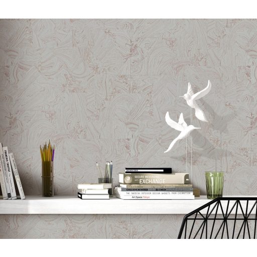 Különböző grafikai formák márványhatású megjelenése szürke szürkésbarna és roségold tónus fémes hatás tapéta