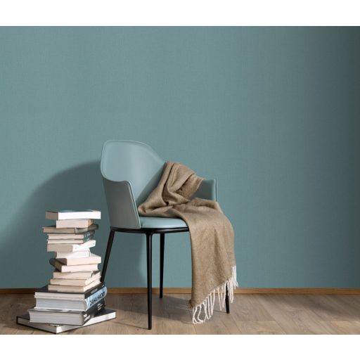 Finom textúrájú vászon megjelenésű egyszínű minta türkizkék és petrol tónus tapéta