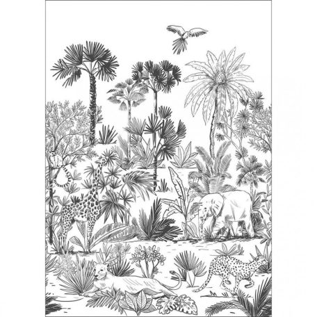 Monokróm dzsungel életkép szavannai állatokkal fehér fekete falpanel