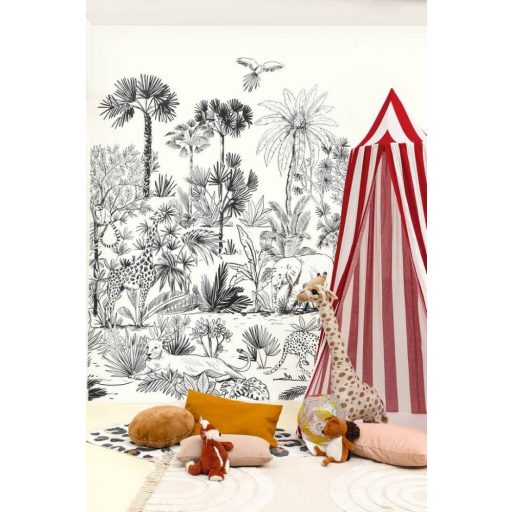 Monokróm dzsungel életkép szavannai állatokkal fehér fekete falpanel