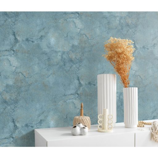 Természetes és bravúros márvány mintázat finom vonalazású textúrán türkiz és barna/aranybarna tónus tapéta