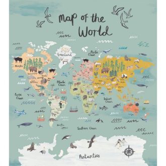   Kapitány! Föld a láthatáron! Az egész! Világtérkép jellemző növény és állatvilággal szürkészöld sokszínű falpanel