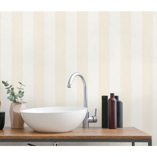 Egy klasszikus ragyogó új ruhában! Fémes tónusú csíkos/blokkcsíkos minta gyöngyház és bézs tapéta