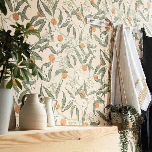 Élénkítő gyümölcságak botanikai minta homokszín zöld sárga tapéta