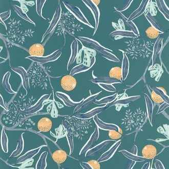   Élénkítő gyümölcságak botanikai minta égei kék szürkéskék sárga tapéta