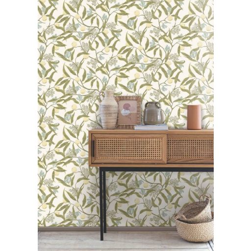 Élénkítő gyümölcságak botanikai minta krém zúzmósárga világoskék tapéta