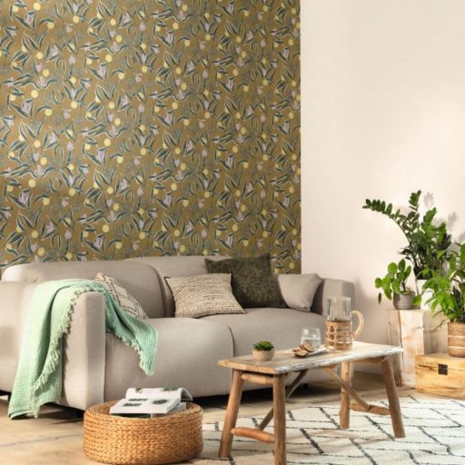 Élénkítő gyümölcságak botanikai minta opálos currysárga zöld halványlila tapéta