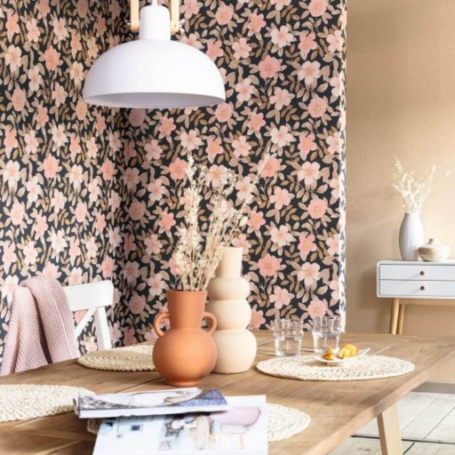 Gaia tavaszias virágkertje fekete bézs barna korallszín tapéta