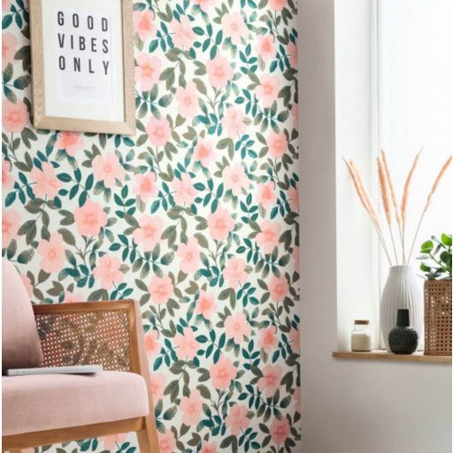 Gaia tavaszias virágkertje fehér khakizöld benzinkék rózsaszín tapéta