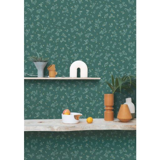 Ragyogó finom virágmotívum zöld opálos currysárga fehér tapéta