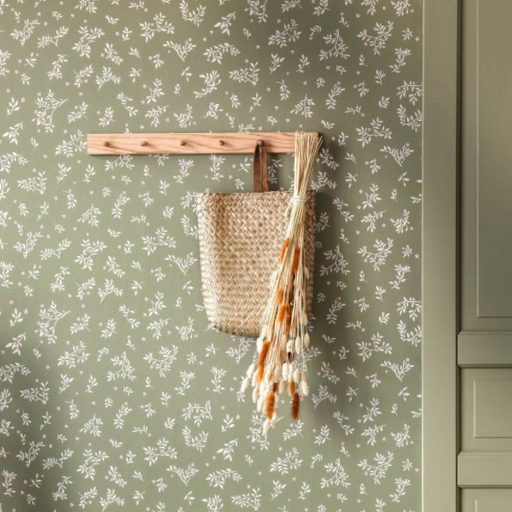 Ragyogó finom virágmotívum khakizöld rózsaszín fehér tapéta