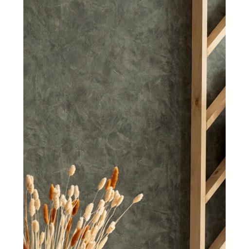 Valósághű megjelenésű nyers patinás fémes vakolat/beton minta khakizöld és arany tónus tapéta