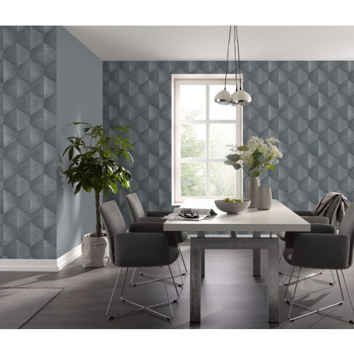 Háromdimenziós fényjáték - Szálcsiszolt felületű geometrikus minta szürke sötétszürke és ezüst tónus fémes hatás tapéta