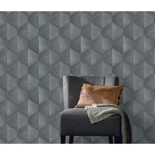 Háromdimenziós fényjáték - Szálcsiszolt felületű geometrikus minta szürke sötétszürke és ezüst tónus fémes hatás tapéta