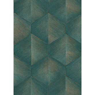   Háromdimenziós fényjáték - Szálcsiszolt felületű geometrikus minta zöld fekete és arany tónus fémes hatás tapéta