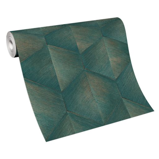 Háromdimenziós fényjáték - Szálcsiszolt felületű geometrikus minta zöld fekete és arany tónus fémes hatás tapéta