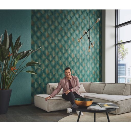 Háromdimenziós fényjáték - Szálcsiszolt felületű geometrikus minta zöld fekete és arany tónus fémes hatás tapéta