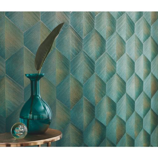 Háromdimenziós fényjáték - Szálcsiszolt felületű geometrikus minta zöld fekete és arany tónus fémes hatás tapéta