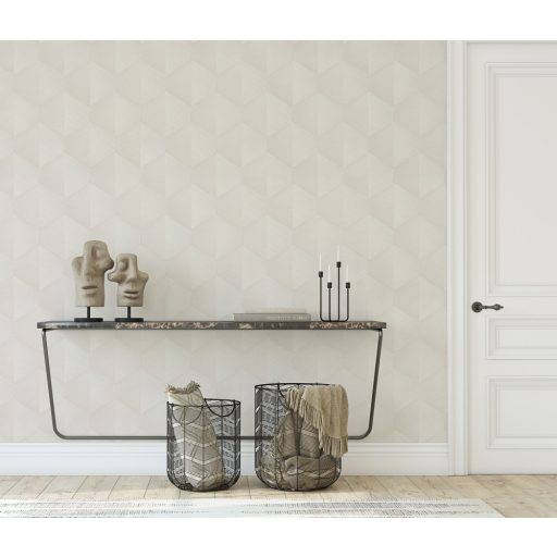 Háromdimenziós fényjáték - Szálcsiszolt felületű geometrikus minta krémszín és gyöngyház tónus fémes hatás tapéta