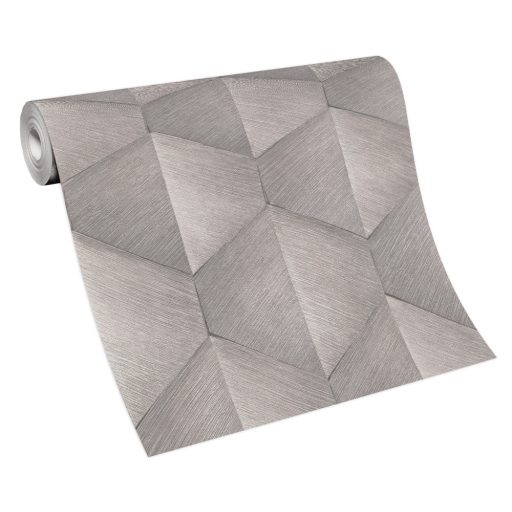 Háromdimenziós fényjáték - Szálcsiszolt felületű geometrikus minta szürkésbézs és szürkésbarna és ezüst tónus fémes hatás tapéta