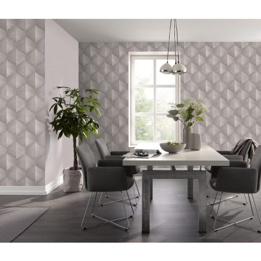 Háromdimenziós fényjáték - Szálcsiszolt felületű geometrikus minta szürkésbézs és szürkésbarna és ezüst tónus fémes hatás tapéta