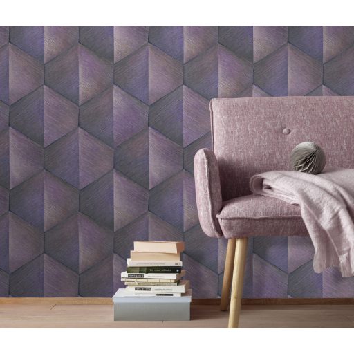 Háromdimenziós fényjáték - Szálcsiszolt felületű geometrikus minta lila orgonalila és arany tónus fémes hatás tapéta