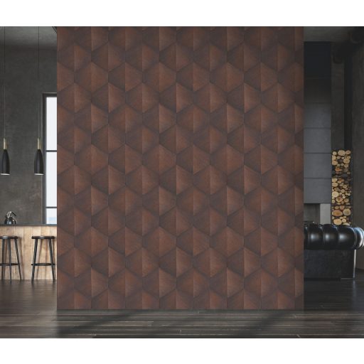 Háromdimenziós fényjáték - Szálcsiszolt felületű geometrikus minta sötétbarna és bronz tónus fémes hatás tapéta