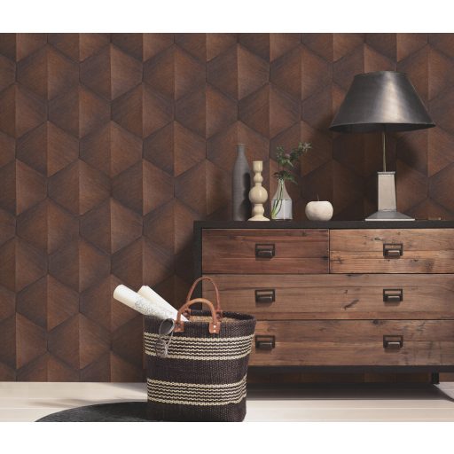 Háromdimenziós fényjáték - Szálcsiszolt felületű geometrikus minta sötétbarna és bronz tónus fémes hatás tapéta