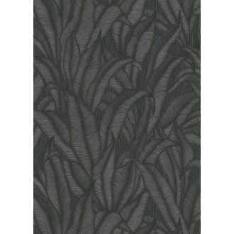   Elképesztő tervezői bravúr - Kifinomult struktúrájú egzotikus növények levelei sötétszürke fekete és ezüst tónus fémes hatás tapéta