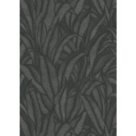 Elképesztő tervezői bravúr - Kifinomult struktúrájú egzotikus növények levelei sötétszürke fekete és ezüst tónus fémes hatás tapéta