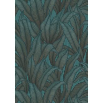   Elképesztő tervezői bravúr - Kifinomult struktúrájú egzotikus növények levelei türkiz és aranybarna tónus fémes hatás tapéta
