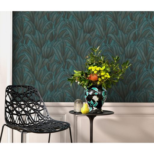 Elképesztő tervezői bravúr - Kifinomult struktúrájú egzotikus növények levelei türkiz és aranybarna tónus fémes hatás tapéta