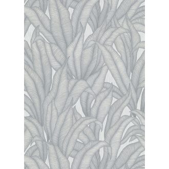   Elképesztő tervezői bravúr - Kifinomult struktúrájú egzotikus növények levelei világosszürke és ezüstszürke tónus fémes hatás tapéta