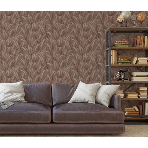 Elképesztő tervezői bravúr - Kifinomult struktúrájú egzotikus növények levelei barna és bronz tónus fémes hatás tapéta