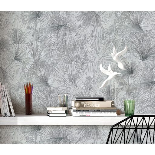 Kifinomult egymásba kapcsolódó levelek absztrakt mintája szürke és ezüst tónus fémes hatás tapéta