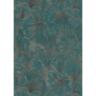   Kifinomult egymásba kapcsolódó levelek absztrakt mintája petrol barna és rézszín tónus fémes hatás tapéta