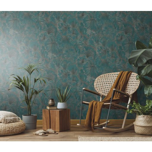 Kifinomult egymásba kapcsolódó levelek absztrakt mintája petrol barna és rézszín tónus fémes hatás tapéta