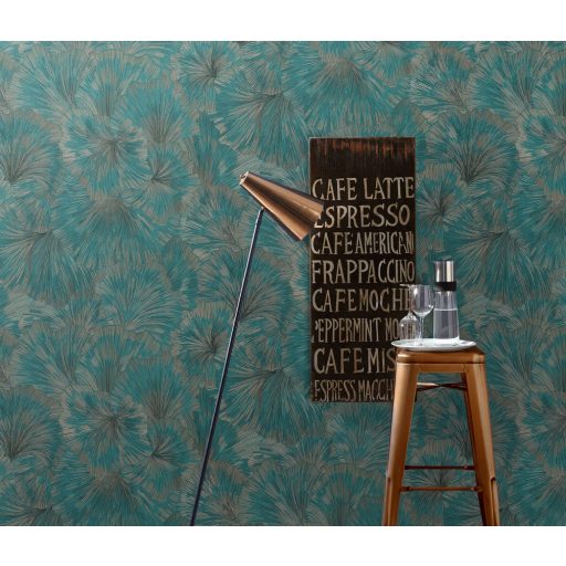 Kifinomult egymásba kapcsolódó levelek absztrakt mintája petrol barna és rézszín tónus fémes hatás tapéta