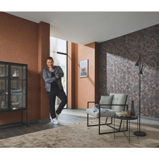 Kifinomult egymásba kapcsolódó levelek absztrakt mintája sötétszürke bronzbarna és bronz tónus fémes hatás tapéta