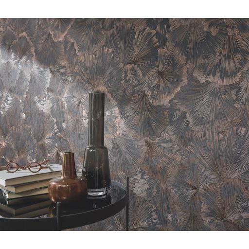 Kifinomult egymásba kapcsolódó levelek absztrakt mintája sötétszürke bronzbarna és bronz tónus fémes hatás tapéta