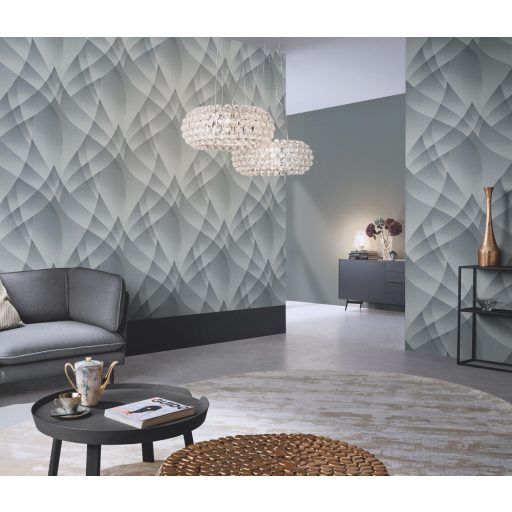 A vizuális geometria gyöngyszeme - Vitorlára emlékeztető extravagáns absztrakt minta szürke és ezüst tónus fémes hatás tapéta