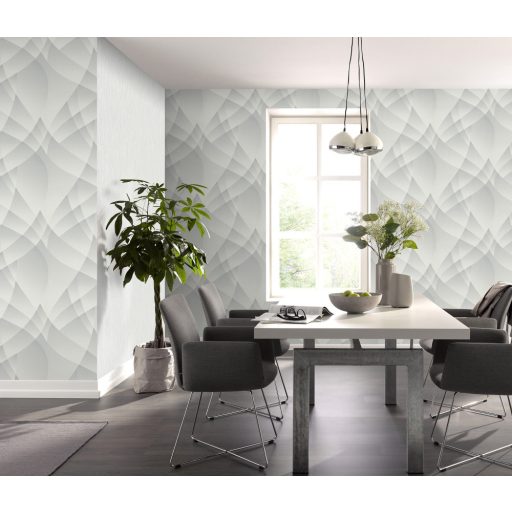 A vizuális geometria gyöngyszeme - Vitorlára emlékeztető extravagáns absztrakt minta világosszürke és szürke tónus fémes hatás tapéta