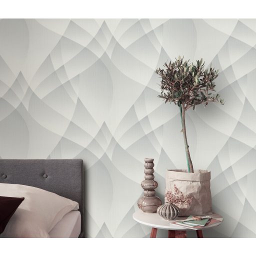 A vizuális geometria gyöngyszeme - Vitorlára emlékeztető extravagáns absztrakt minta világosszürke és szürke tónus fémes hatás tapéta