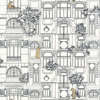   Art Deco homlokzat a 20-as évekből és kortárs párducok fehér fekete és arany tónus tapéta