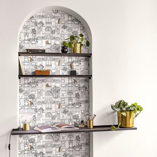 Art Deco homlokzat a 20-as évekből és kortárs párducok fehér fekete és arany tónus tapéta