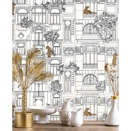 Art Deco homlokzat a 20-as évekből és kortárs párducok fehér fekete és arany tónus tapéta