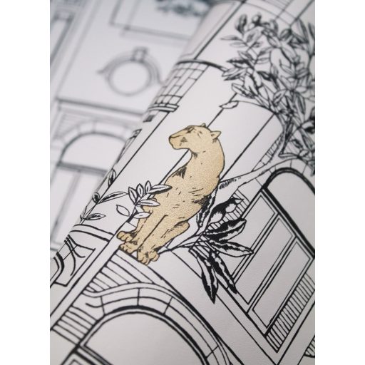 Art Deco homlokzat a 20-as évekből és kortárs párducok fehér fekete és arany tónus tapéta