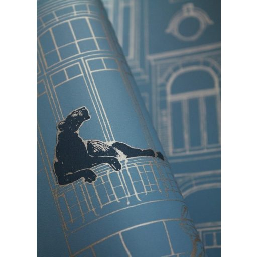 Art Deco homlokzat a 20-as évekből és kortárs párducok pávakék arany és éjkék tónus tapéta