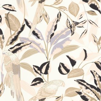   Egzotikus dekoráció lombok között papagájokkal fehér antracit rózsaszín és arany tónus fémes hatás tapéta